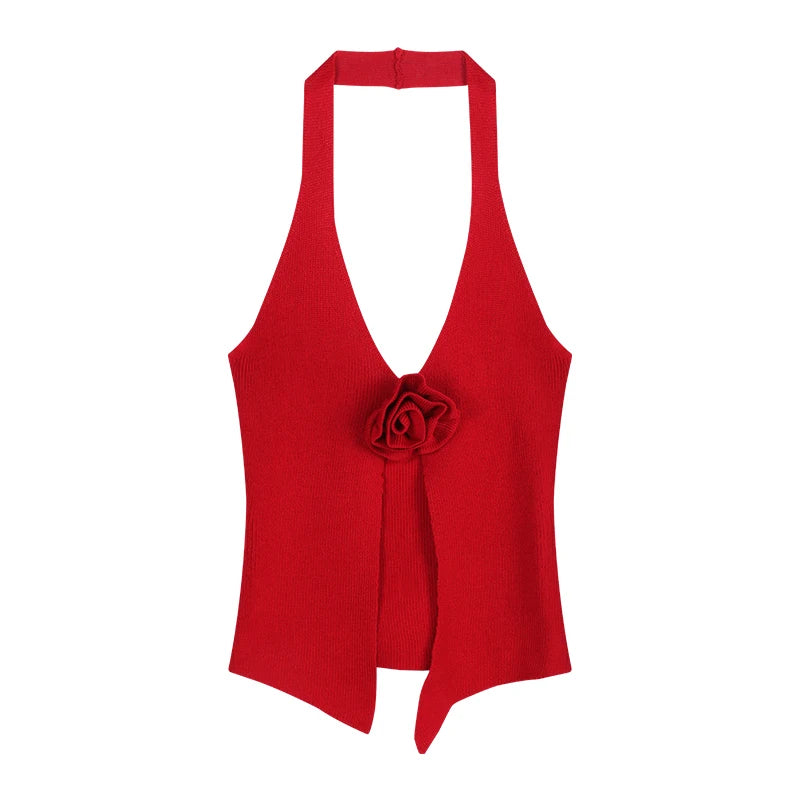 Women's Flower Knit Halter V-Neck Camisole