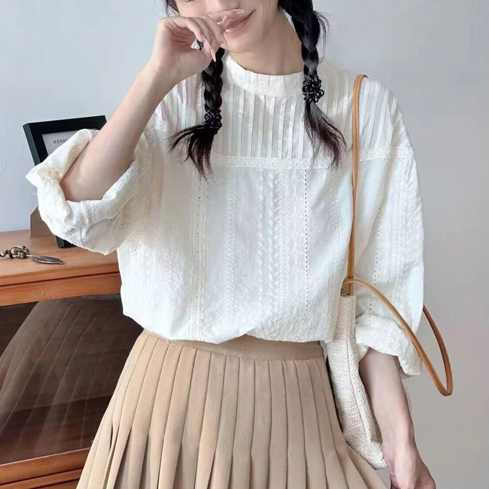 Women's elegant blouses 100% cotton embroidery hollow out white black shirts ladies office wear women long sleeve tops