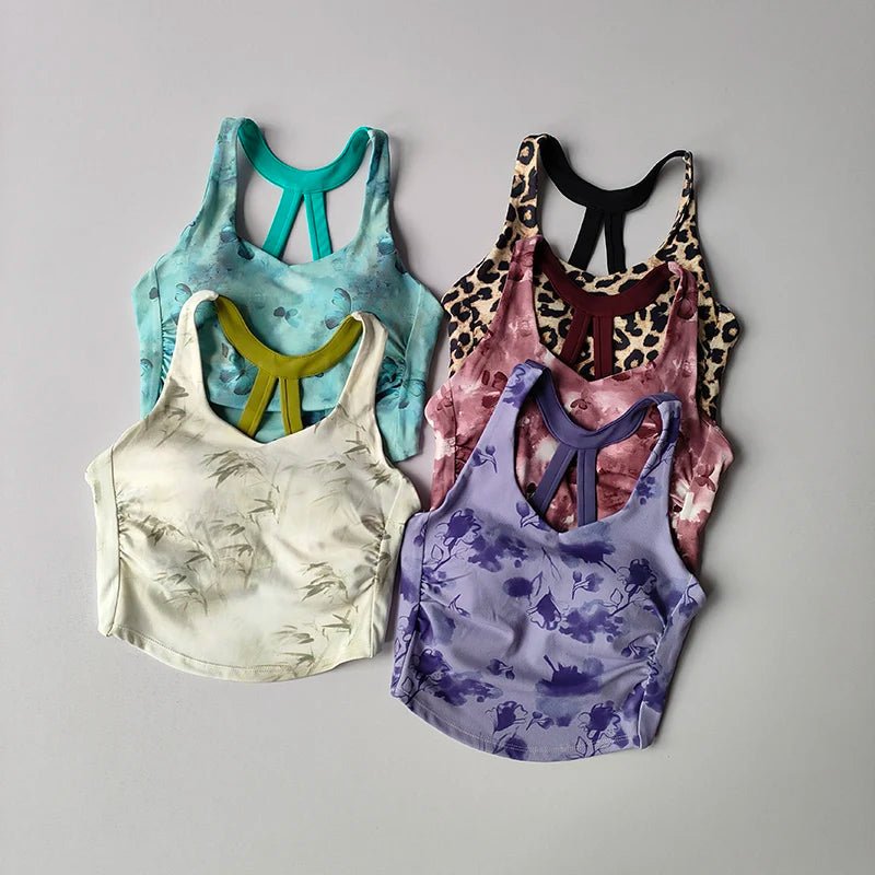 Women's Printed Sports Bra, High Impact Workout Top for Running & Yoga, Fashion Racerback Fitness Tank - lily supply