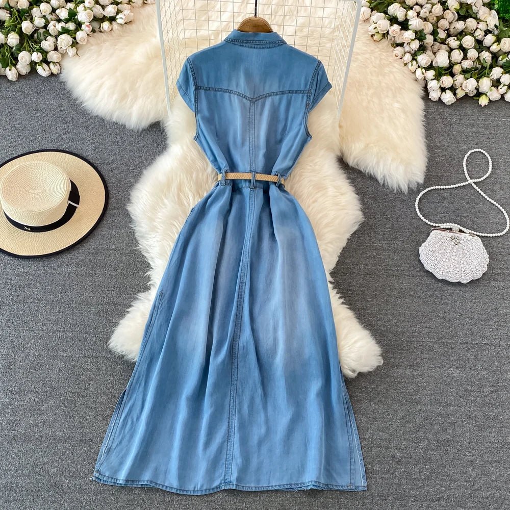 Denim Dress Women Vintage Dresses Turn Down Collar Single Breasted Washed Pockets Tight Waist Vestidos Streetwear 2025 A Line - lily supply