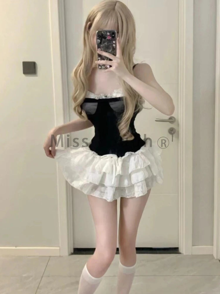 Women's Lace Top & Bow Mini Skirt Set