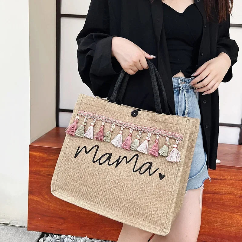 Mama Letter Print Linen Tote Bag - Large Capacity Baby Diaper Shoulder Bag