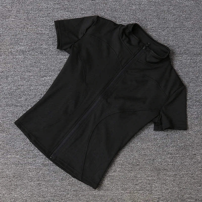 Women's Waist Slimming Yoga Shirt - Full Zip Stand Collar Short Sleeve