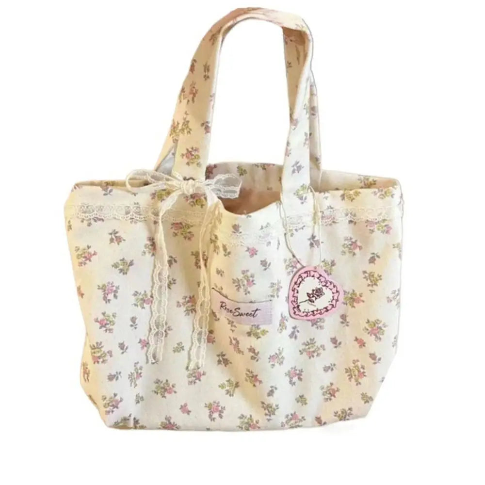 Large Capacity Lace Bow Canvas Tote Bag - Sweet Print Storage Handbag
