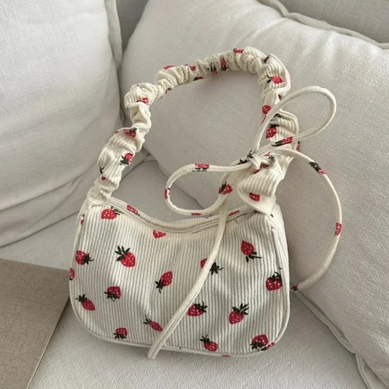 Women's Corduroy Strawberry Mini Shoulder Bag - Cute Half Moon Tote