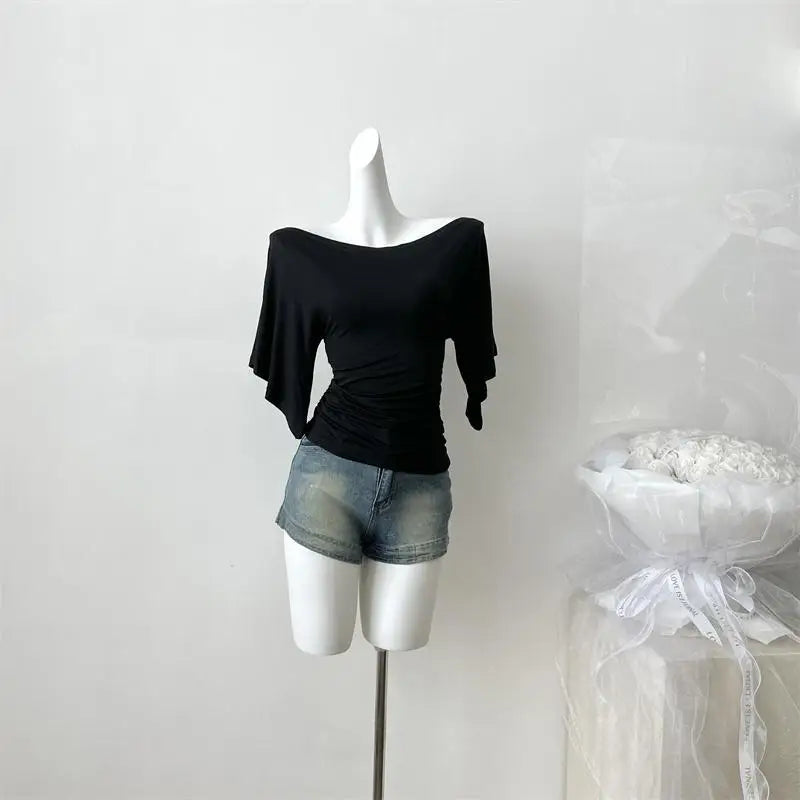 Women's Slash Neck Flare Sleeve Pleated Top