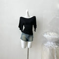 Women's Slash Neck Flare Sleeve Pleated Top