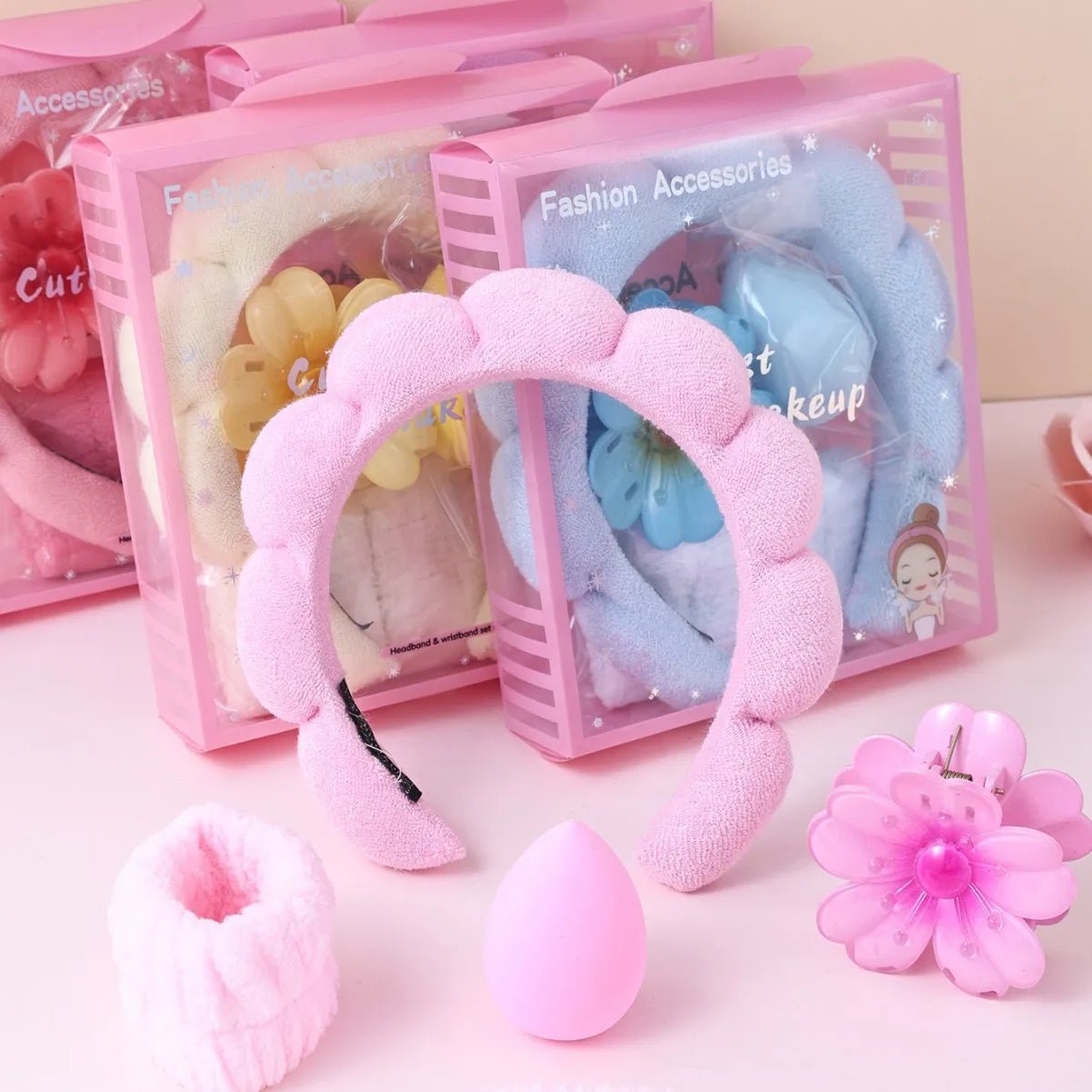 5 Pcs Girls Sponge Spa Headband Face Wash Large Flower Hair Claw Clip Facial Hairband Hair Accessories Set with Delicate Box - lily supply