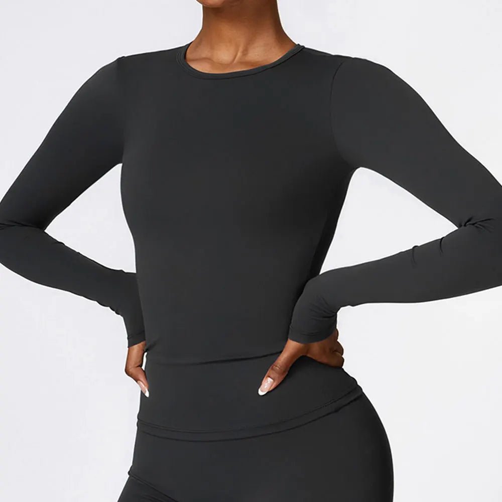Women Yoga T-shirts Solid Sports Top Long Sleeve Gym Workout Running Shirts Sexy Exposed Navel Quick Dry Fitness Gym Sport Wear - lily supply
