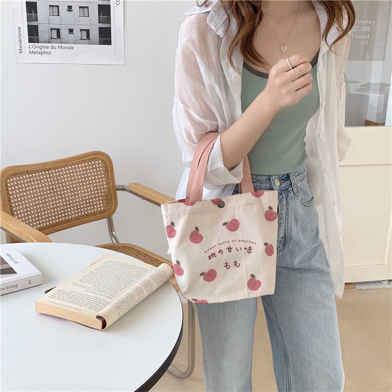 Japanese Peach Canvas Lunch Bag - Korean Mini Student Picnic Travel Bento Tote - lily supply