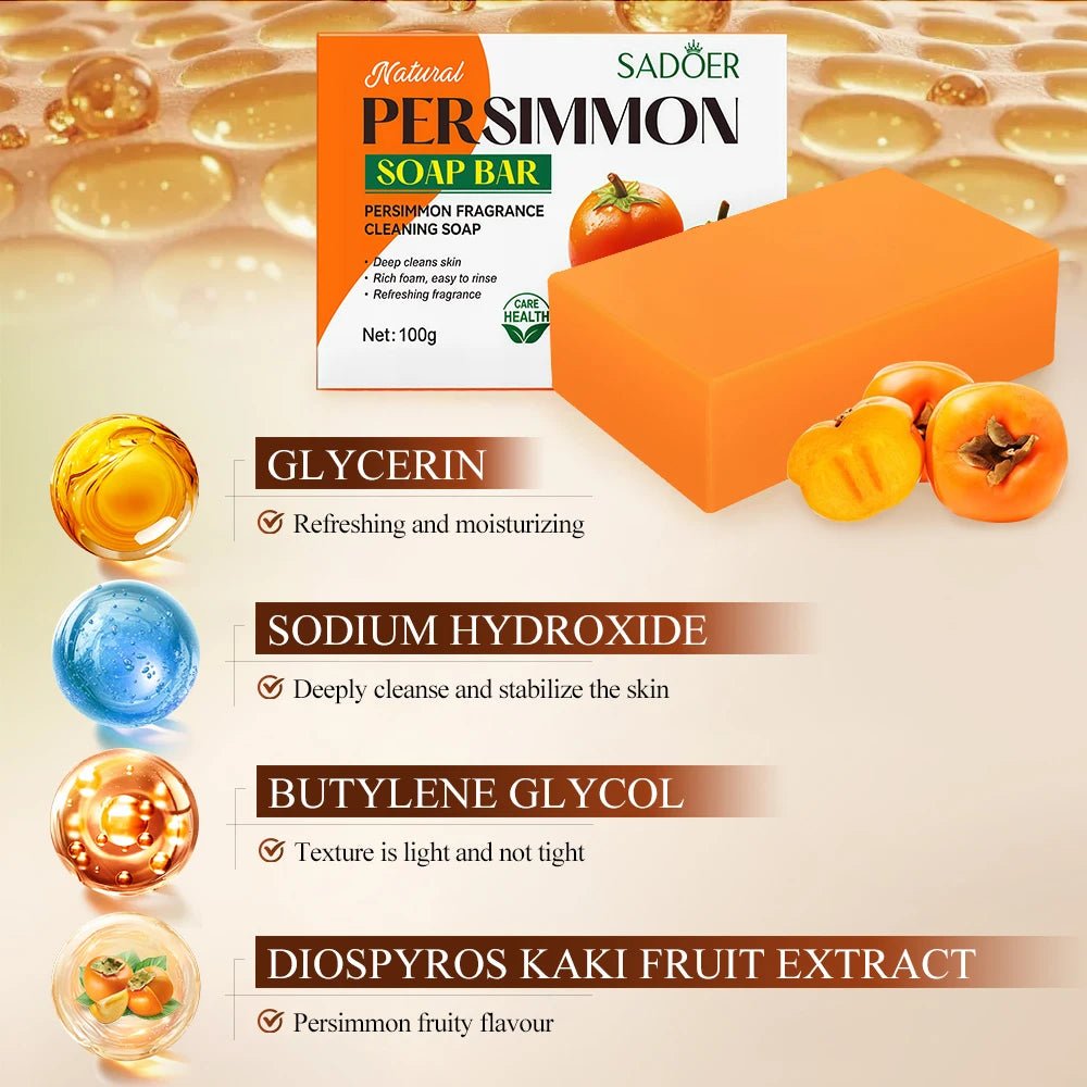 1/2PCS Persimmon Cleansing Soap Bar With Foaming Net Body Care Face Wash Exfoliating Whitening Soap Fruit Handmade Shower Soap - lily supply