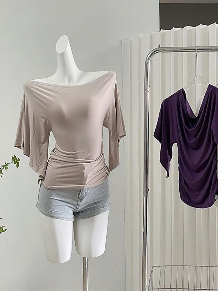 Women's Batwing Off Shoulder Cowl Neck Top - Korean Chic Tshirt