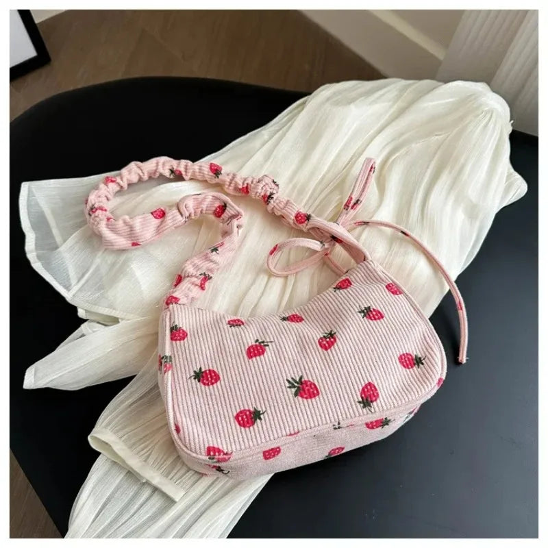 Women's Corduroy Strawberry Mini Shoulder Bag - Cute Half Moon Tote