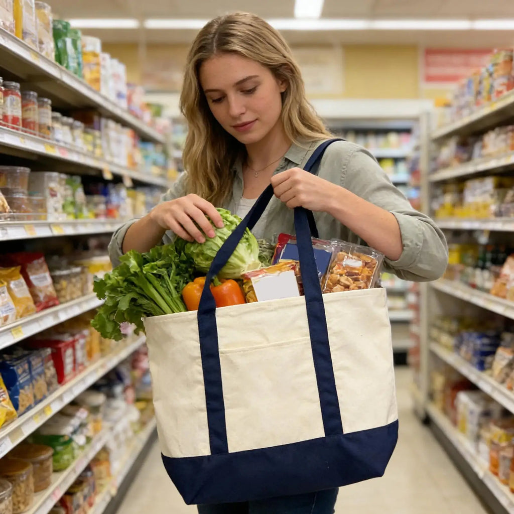 Large Canvas Tote Bag - Reusable Grocery Shopping Bag with Embroidery Handle - lily supply