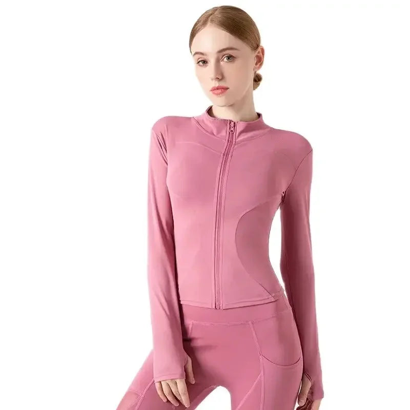 Women's Stand Collar Yoga Fitness Long Sleeve Top - High Elastic Loose Exercise