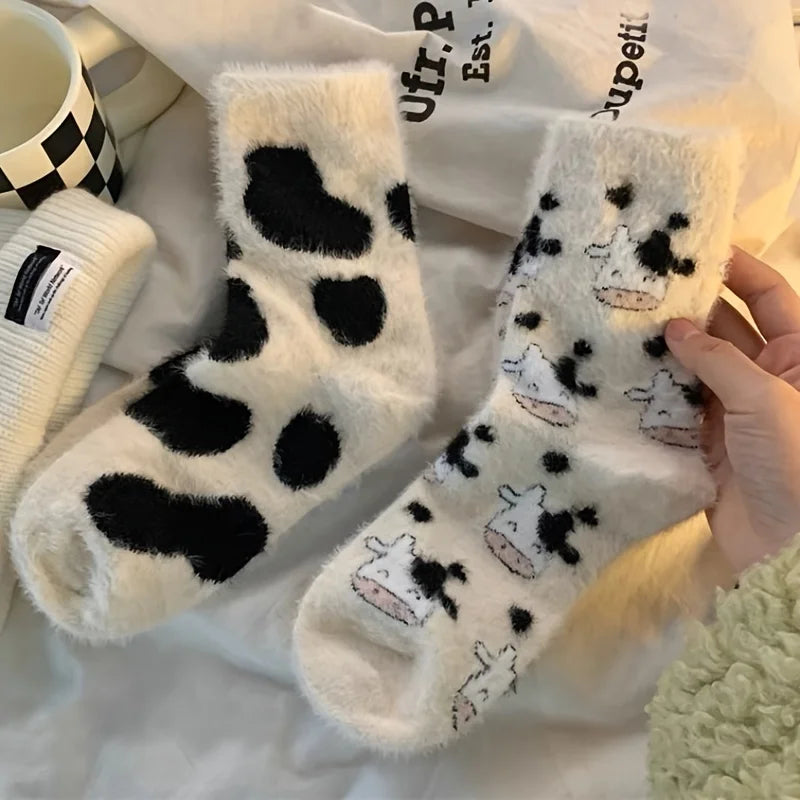 Women's Cute Cow Print Warm Plush Socks – Fluffy Novelty Socks