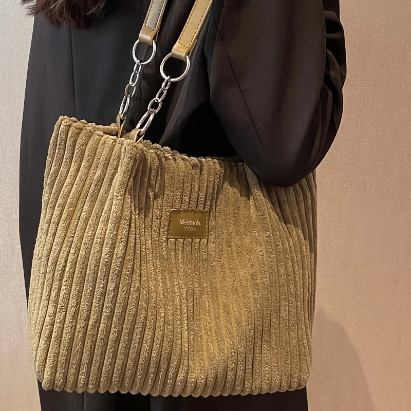Women's Corduroy Plush Tote Bag - Large Capacity Commuter Travel Shoulder Bag