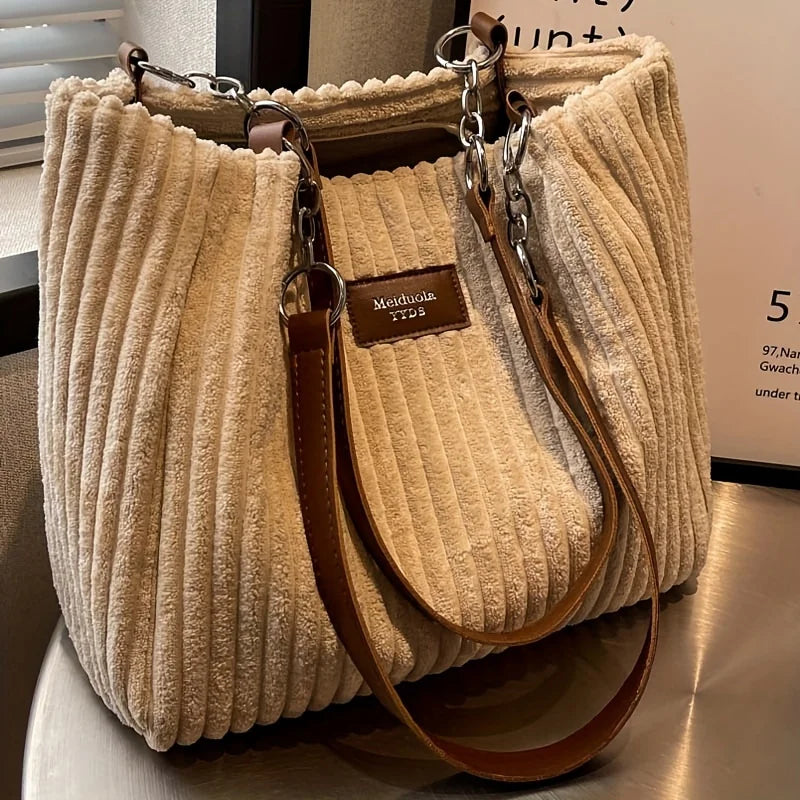 Women's Corduroy Plush Tote Bag - Large Capacity Commuter Travel Shoulder Bag