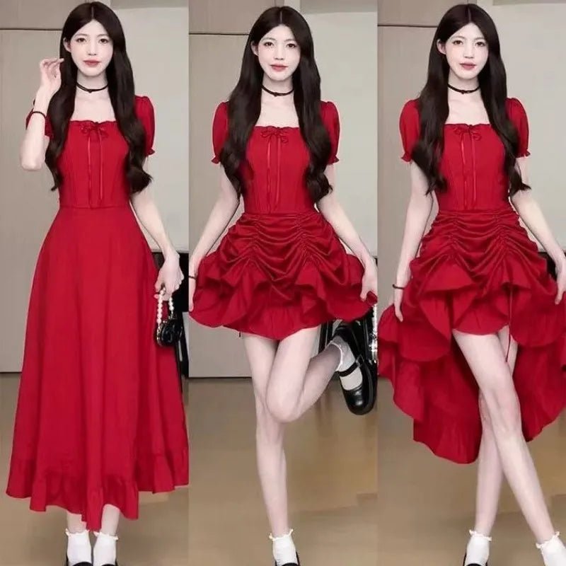 Women's Fashion 1 Dress Four Wear Method Lady Graceful Retro Square Collar Short Sleeve Black Dresses 2025 New Dinner Party Gown - lily supply