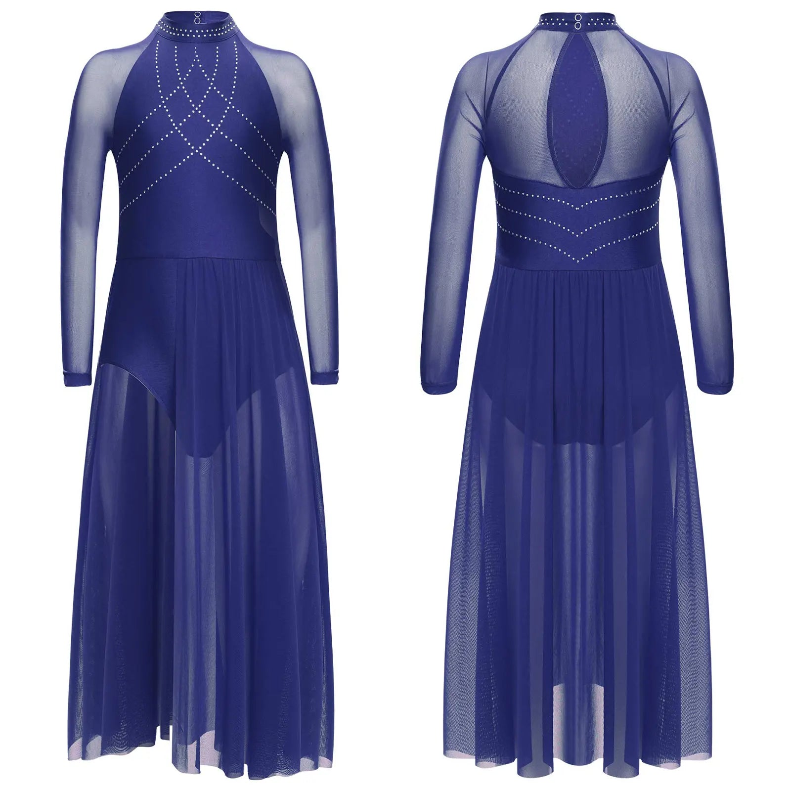 Girls Lyrical Dance Dress | Rhinestone Mesh Keyhole Back Leotard Costume Size 6 - 16 - lily supply