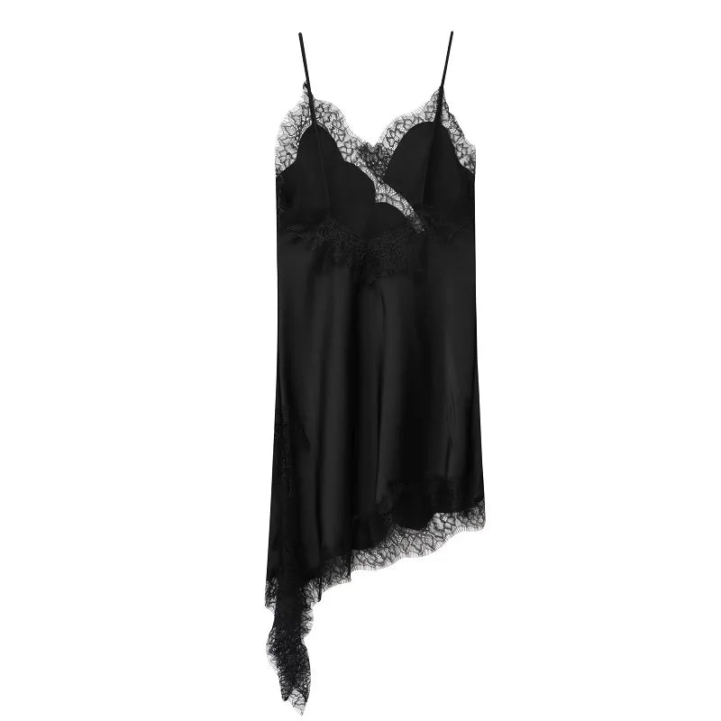 MUJER 2025 Lace Slip Dress Woman Black Backless Short Dresses for Women Asymmetric Party Women's Summer Dress Satin Sexy Dresses - lily supply