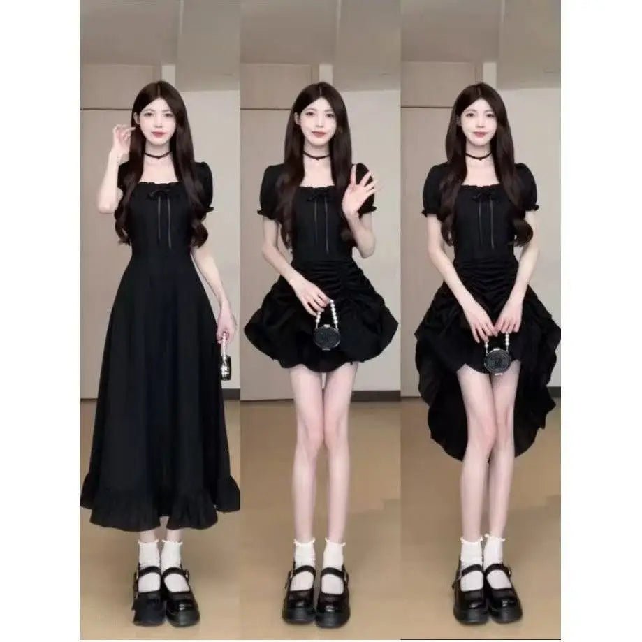 Women's Fashion 1 Dress Four Wear Method Lady Graceful Retro Square Collar Short Sleeve Black Dresses 2025 New Dinner Party Gown - lily supply