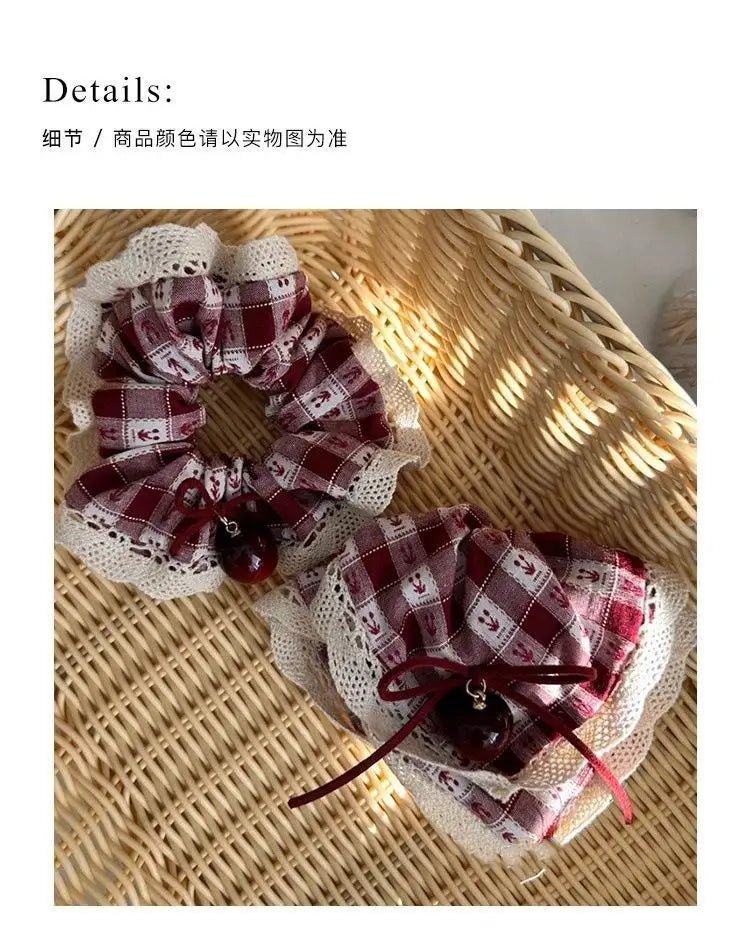 Red Check Cherry Lace Scrunchie - Sweet Square Scarf Hair Rope - lily supply