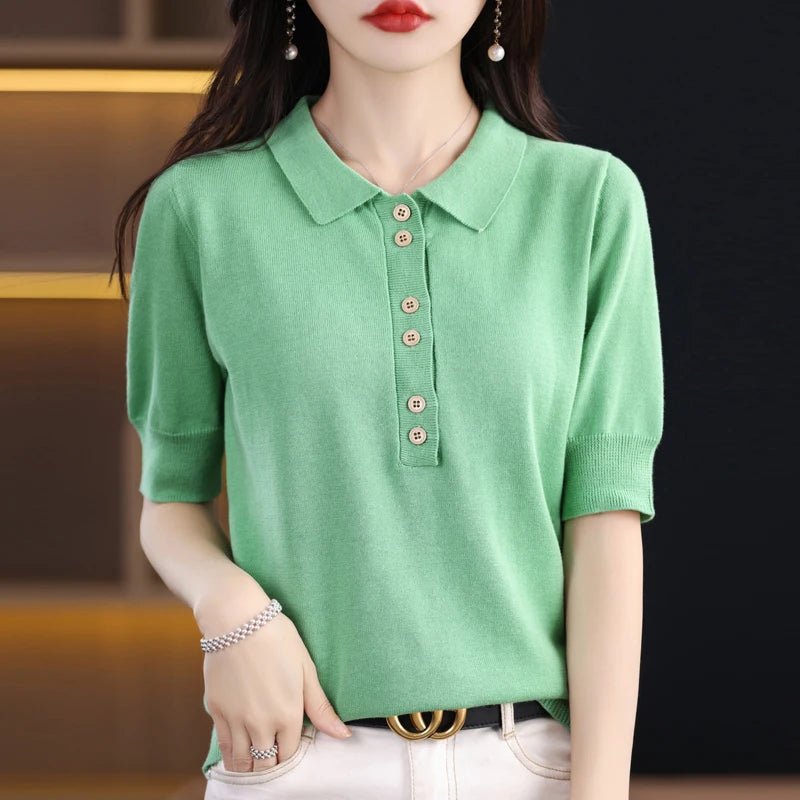 Women's T-shirt Summer 100% Cotton Sweater Short Sleeve Casual Knitwear POLO Collar Ladies' Tops Loose Pullover Tees Buttons - lily supply