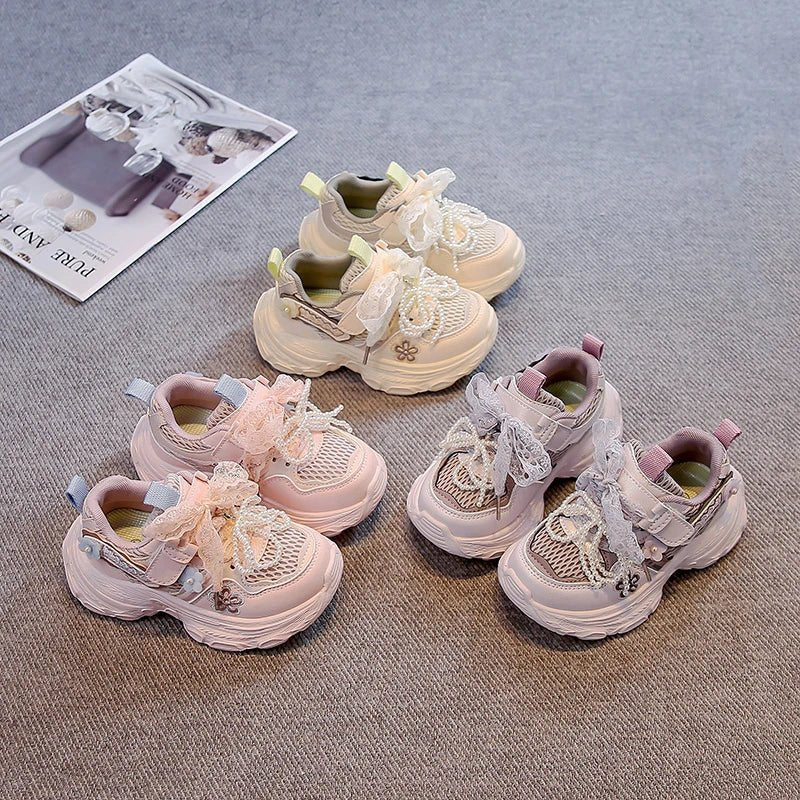 Girls Princess Sneakers Sweet Lace Beading Bows Children Sports Shoes Mesh Breathable 2025 Autumn New Kids Running Shoes Soft - lily supply