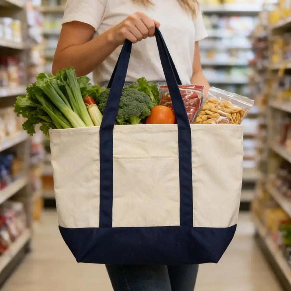 Large Canvas Tote Bag - Reusable Grocery Shopping Bag with Embroidery Handle - lily supply