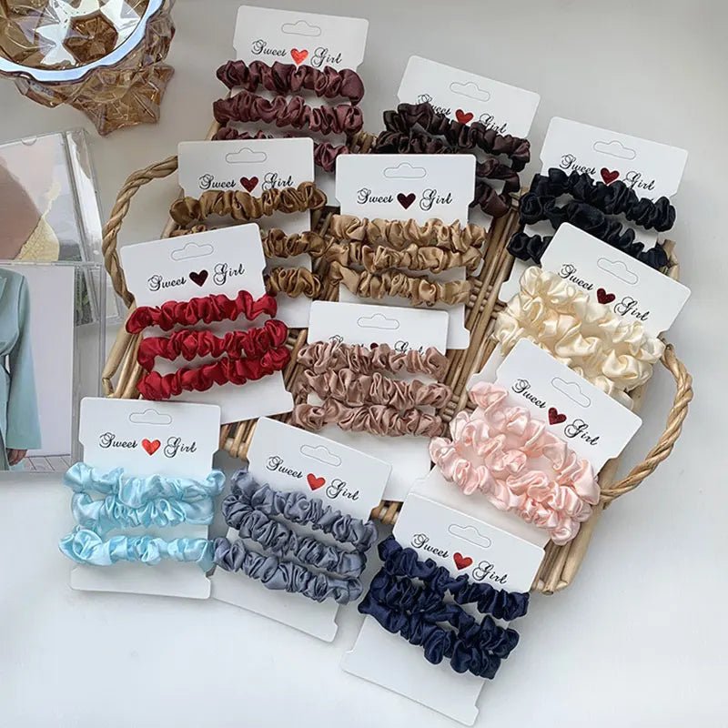 3pcs Silk Satin Solid Colour Pleated Scrunchies Set - lily supply