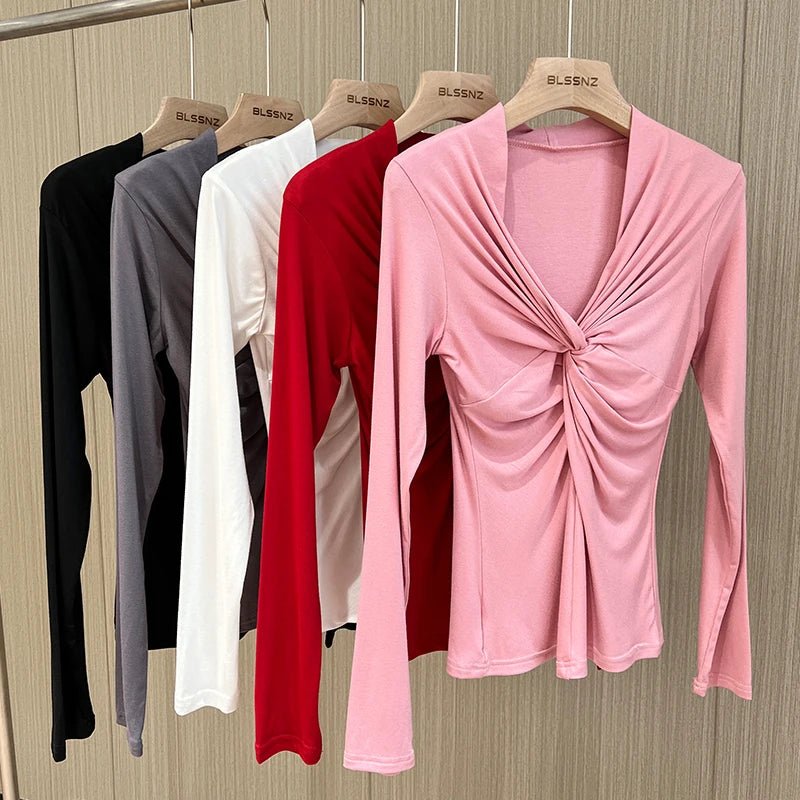 Girls Cotton Twisted V - neck T-Shirts Tees Female Long Sleeve High Elasticity Elegant Stretchy Tshirt Tops For Women - lily supply
