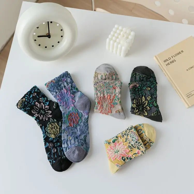 Women's Floral Embossed Harajuku Cotton Long Socks – Textured Knee Socks - lily supply