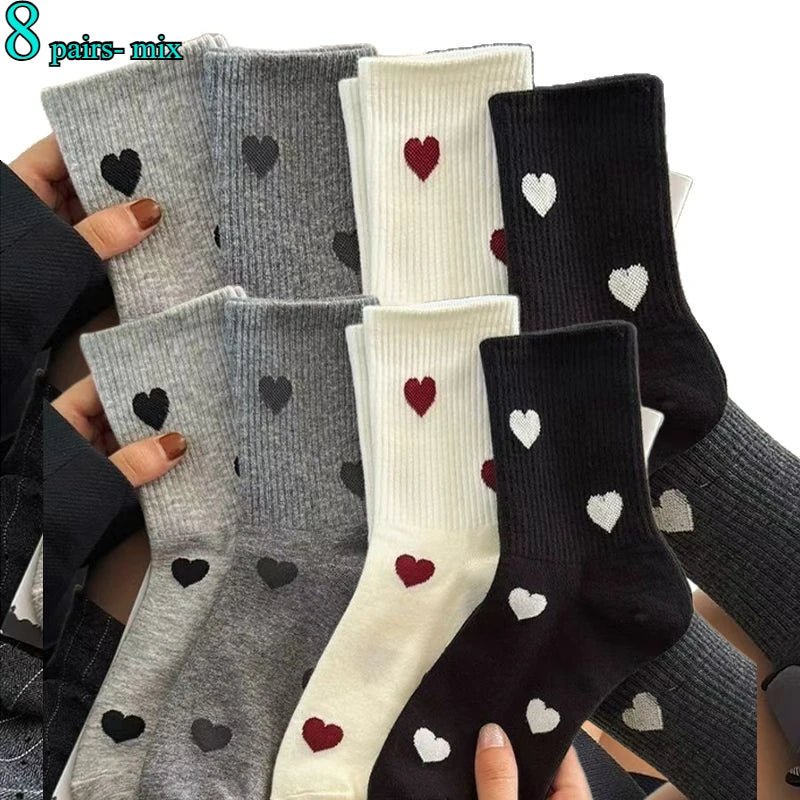 Women's Cute Heart Print Casual Socks - 1/4/8 Pairs Breathable Mid Tube - lily supply