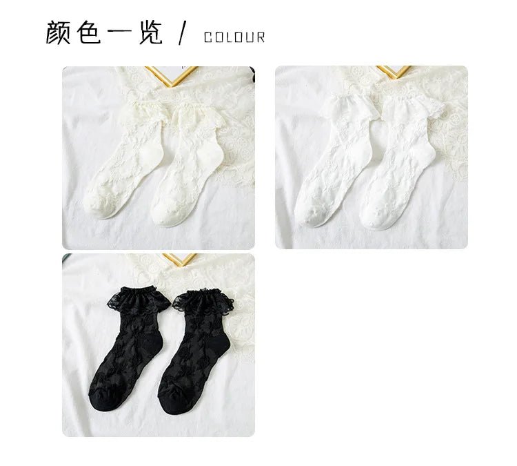 Women's Lolita Lace Ruffle Mesh Socks - Black White Sweet Japanese Fashion - lily supply