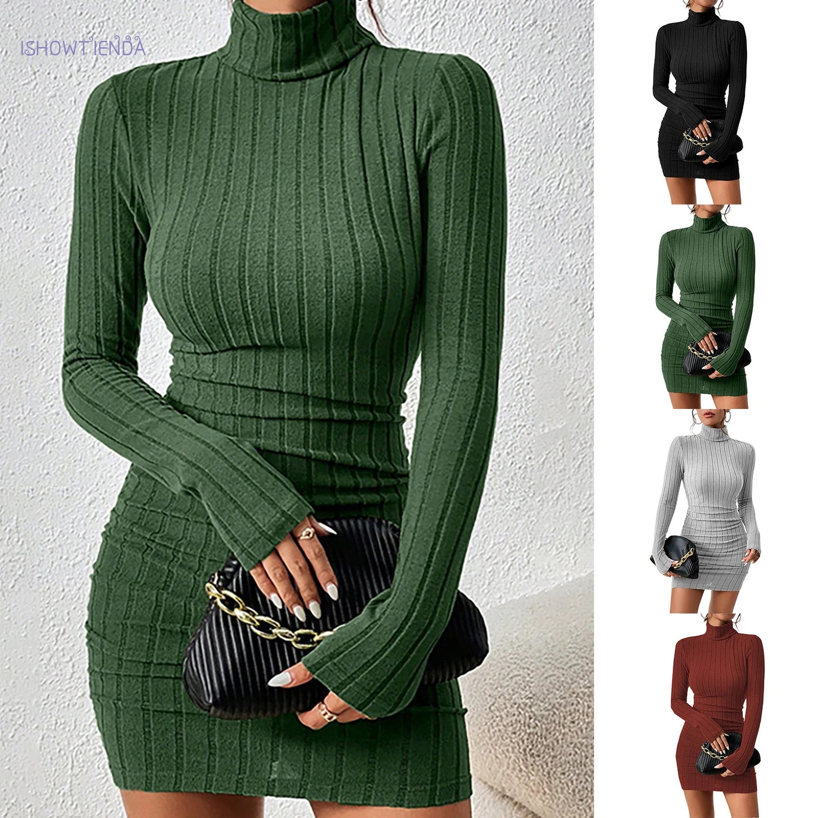 Women's Knitted Turtleneck Bodycon Dress - lily supply
