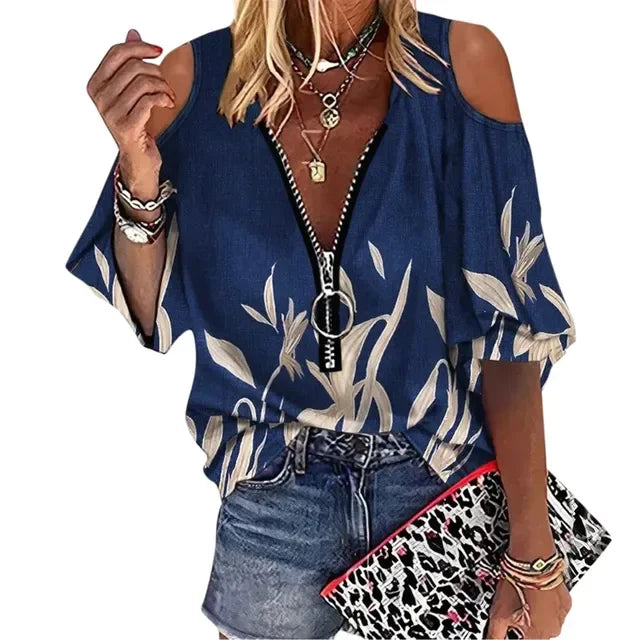 Women's Vintage Zipper Off Shoulder Blouse