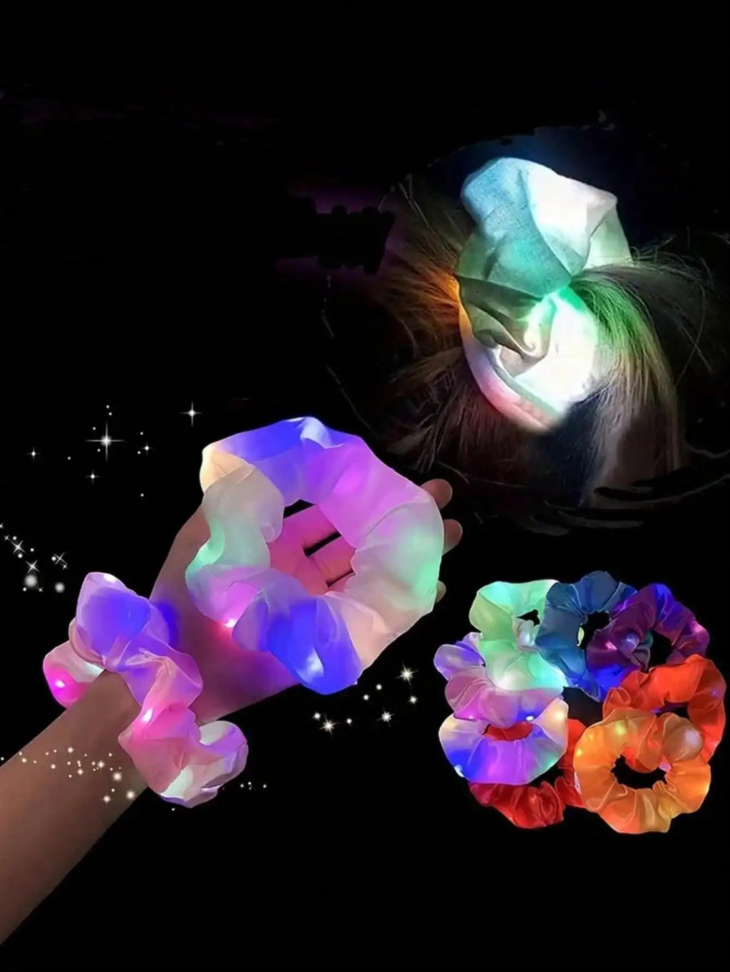 10pc LED Light Up Hair Scrunchie - Elastic Satin Party Ponytail Holder - lily supply