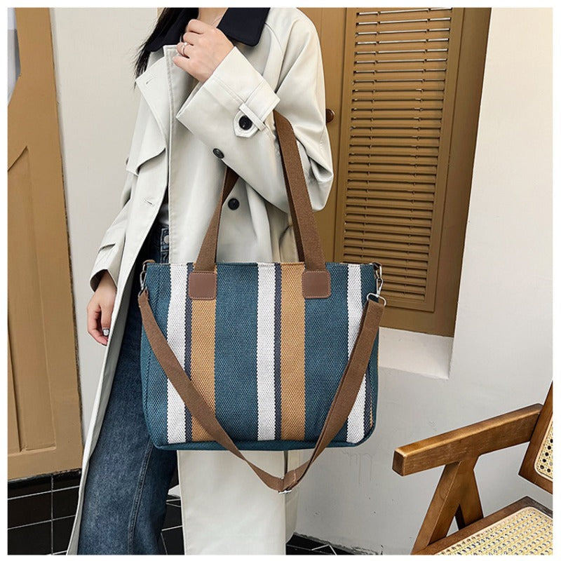 Women's Striped Canvas Crossbody Shoulder Bag - Large Tote 2023