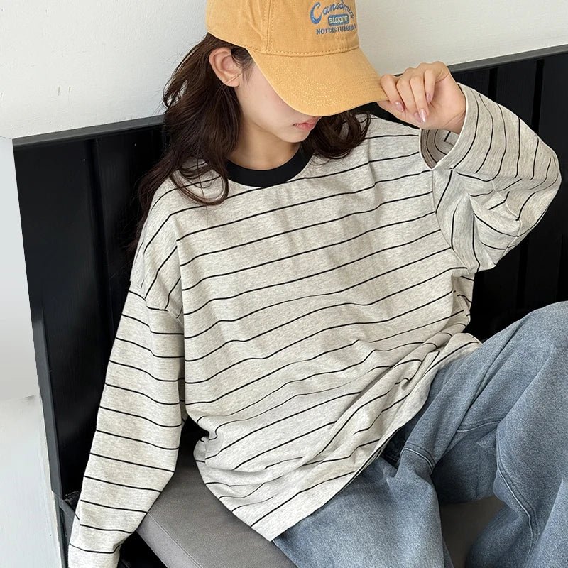 Girls' long sleeved T-shirt 2025 autumn outfit new children's striped casual top, girls' versatile spring and autumn base shirt - lily supply