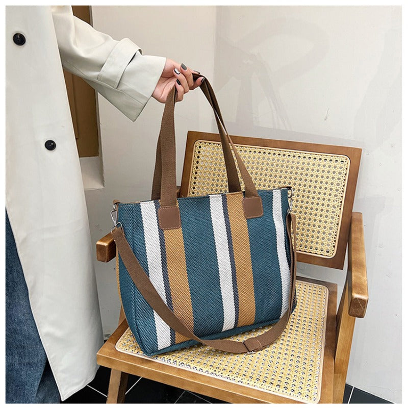 Women's Striped Canvas Crossbody Shoulder Bag - Large Tote 2023