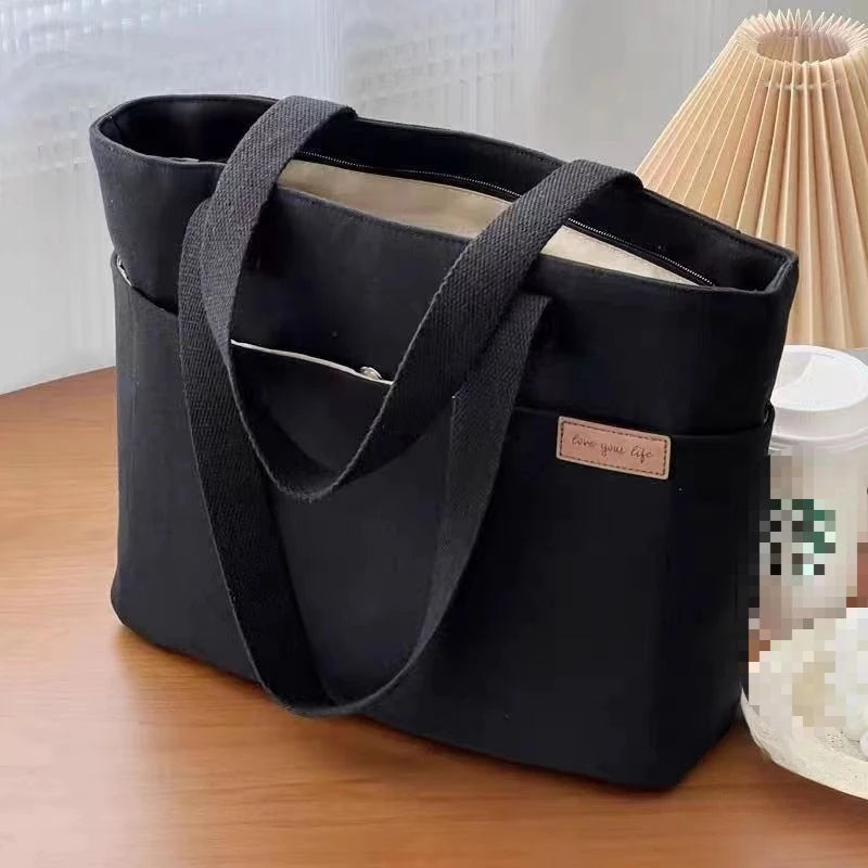 Women's 2-Layer Canvas Tote Bag - Large Capacity Student Commute Bag