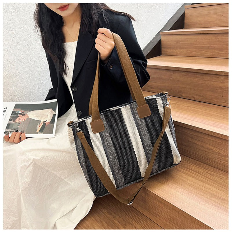 Women's Striped Canvas Crossbody Shoulder Bag - Large Tote 2023