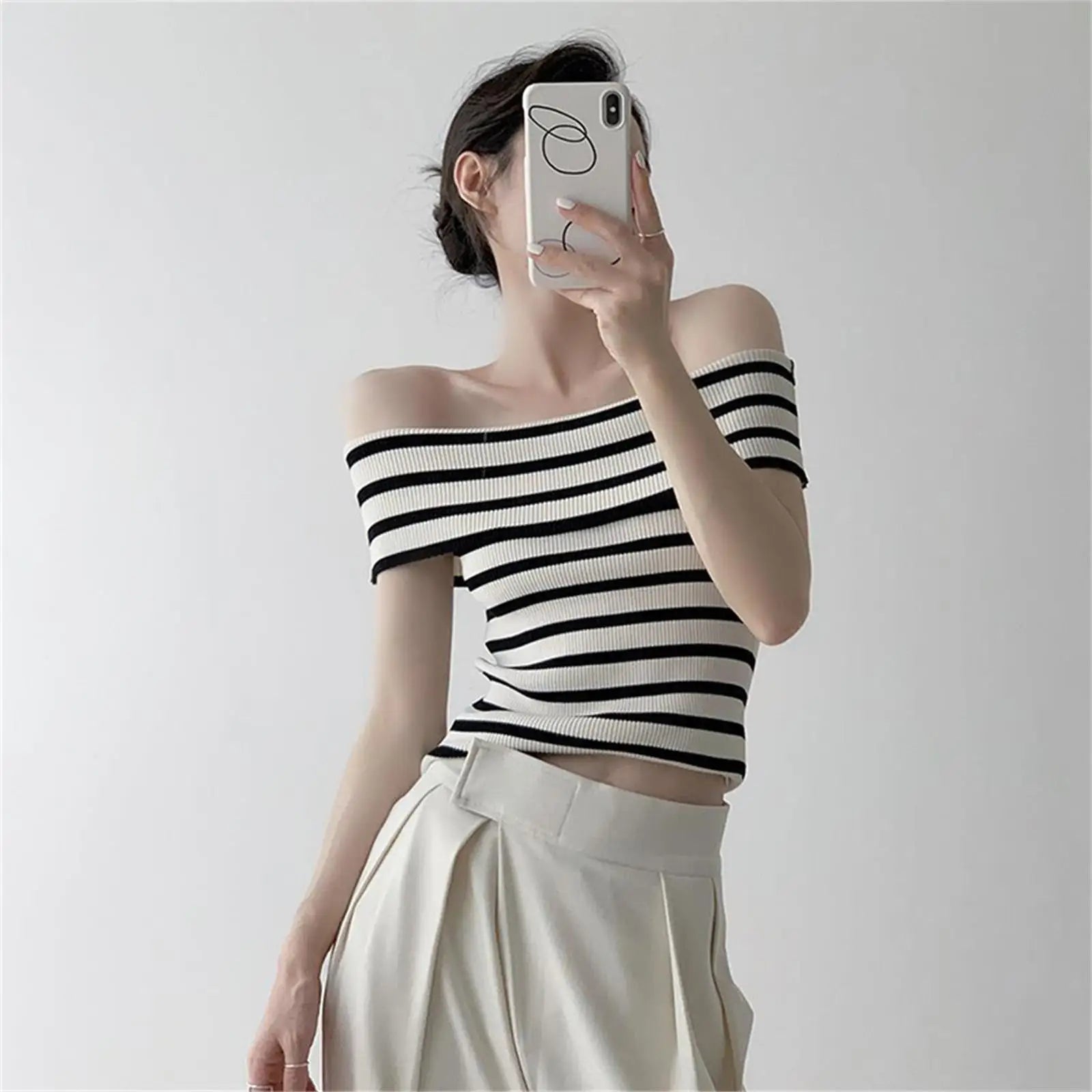 Women's Striped Knitted T-Shirt - Sexy Off Shoulder Short Sleeve Slim