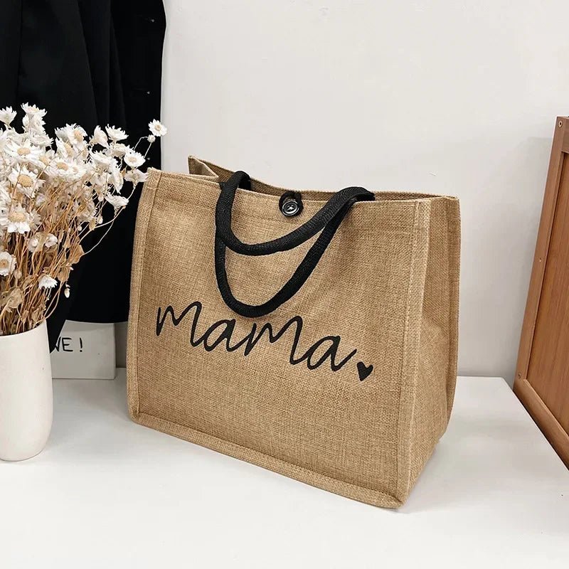 Mama Letter Print Linen Tote Bag - Large Capacity Baby Diaper Shoulder Bag - lily supply