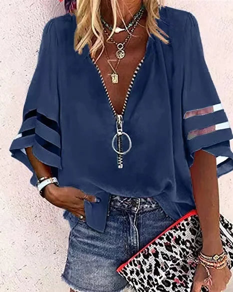 Women's Vintage Zipper Off Shoulder Blouse