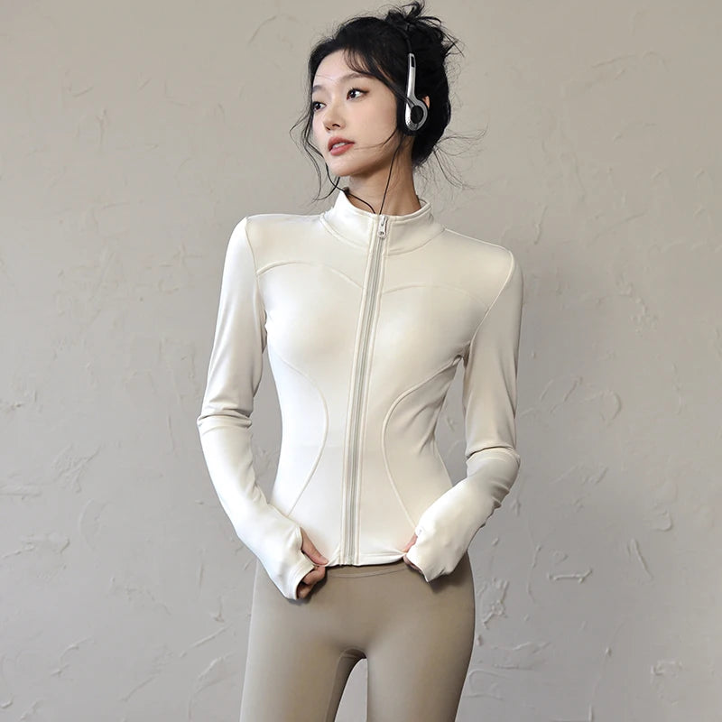Women's Zip Yoga Running Cycling Jacket - Long Sleeve Gym Activewear Coat