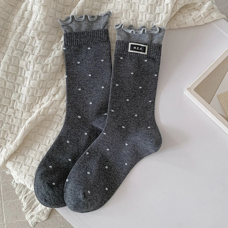 Women's Frilly Dots Preppy Long Cotton Socks – Sweet Knee High Socks - lily supply