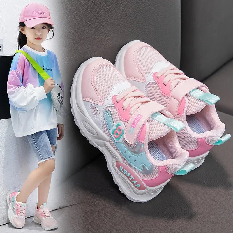 Girls Sports Shoes Kids Running Shoes Pink Breathable Air Mesh Heart Sweet Sneakers Cute Hook & Loop Children's Casual Shoes - lily supply