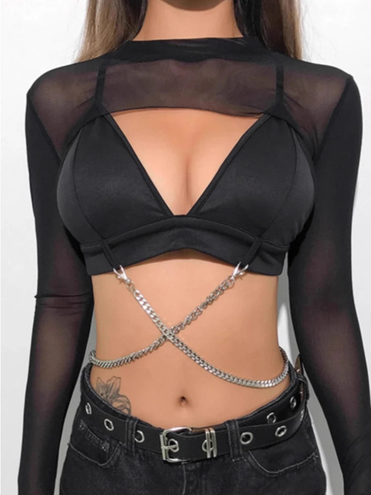 Women's Transparent Round Neck Long Sleeve Top
